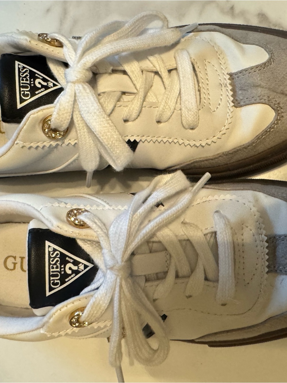 GUESS White and Gray Women's Athletic Sneakers with Gold Eyelets